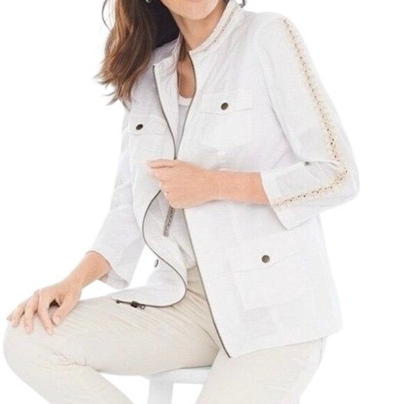Chico's Jackets & Blazers - Chicos Zenergy White Zip-Up Jacket With Crochet Trim Chicos Size 2